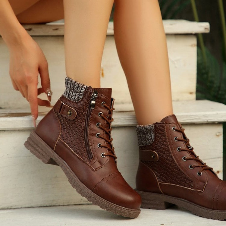 Women's Leather Lace-Up Ankle Boots Knit Shaft Side-Zip Lug Combat