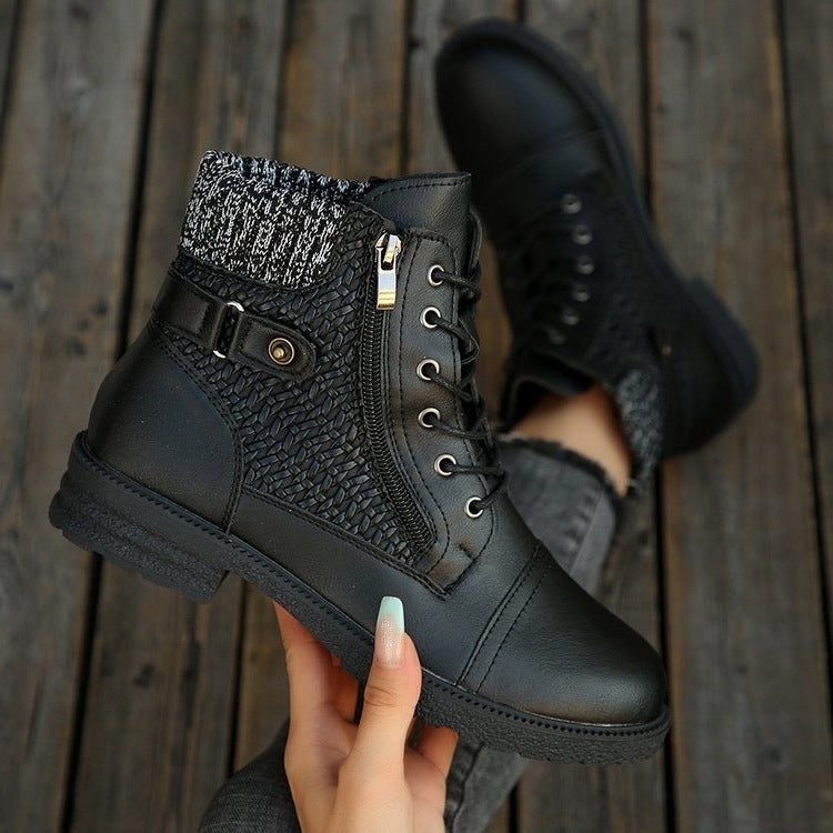 Women's Leather Lace-Up Ankle Boots Knit Shaft Side-Zip Lug Combat