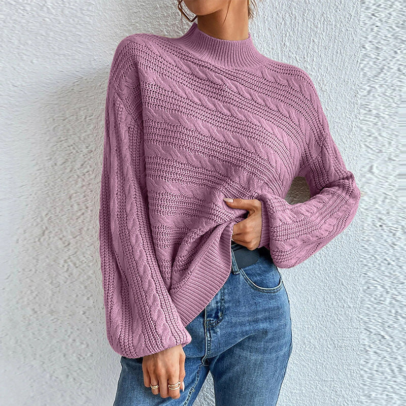 Women's Cable Knit Mock Neck Sweater Bishop Sleeve Textured Relaxed