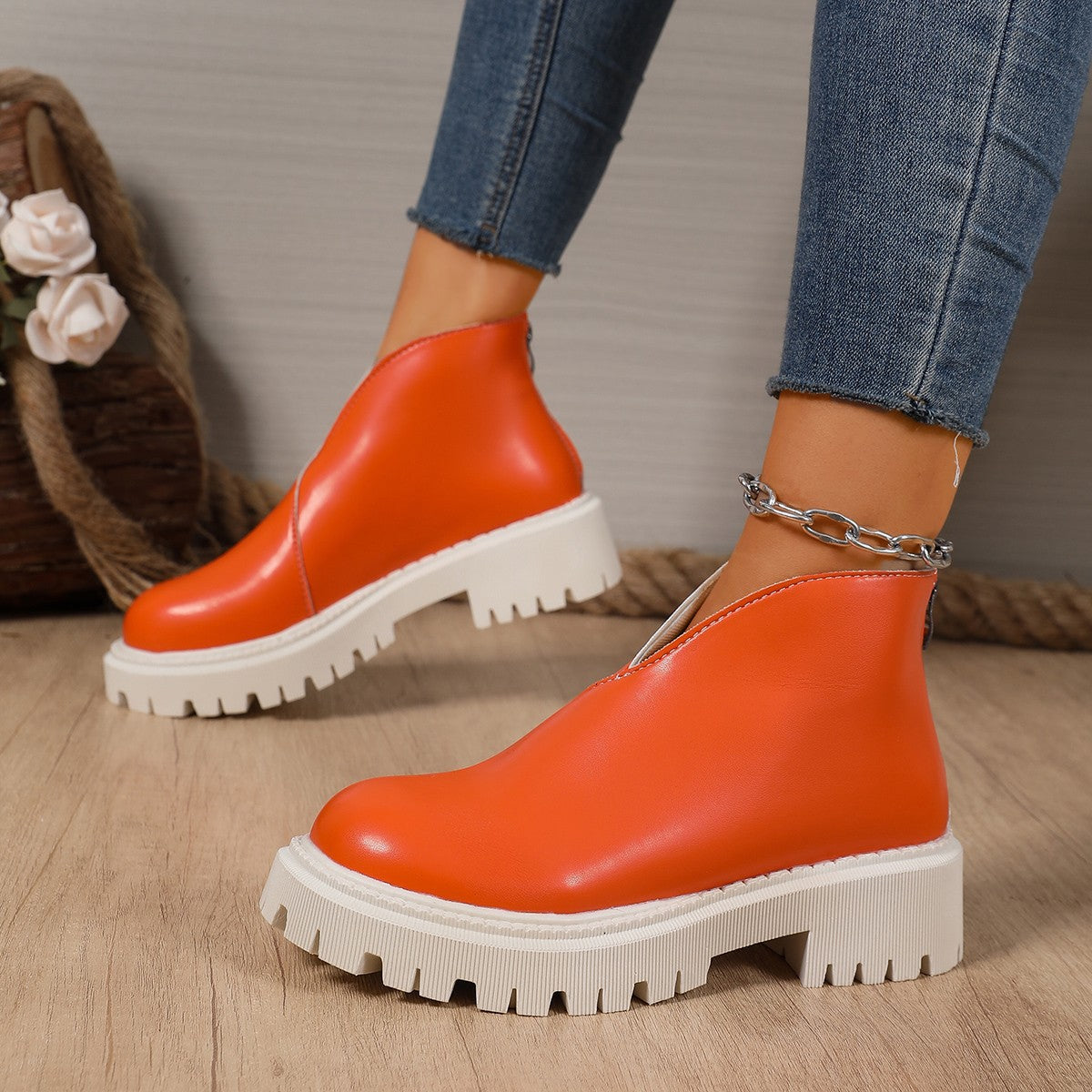 Women's Platform Chelsea Ankle Boots V-Cut Chunky Lug-Sole Slip-On