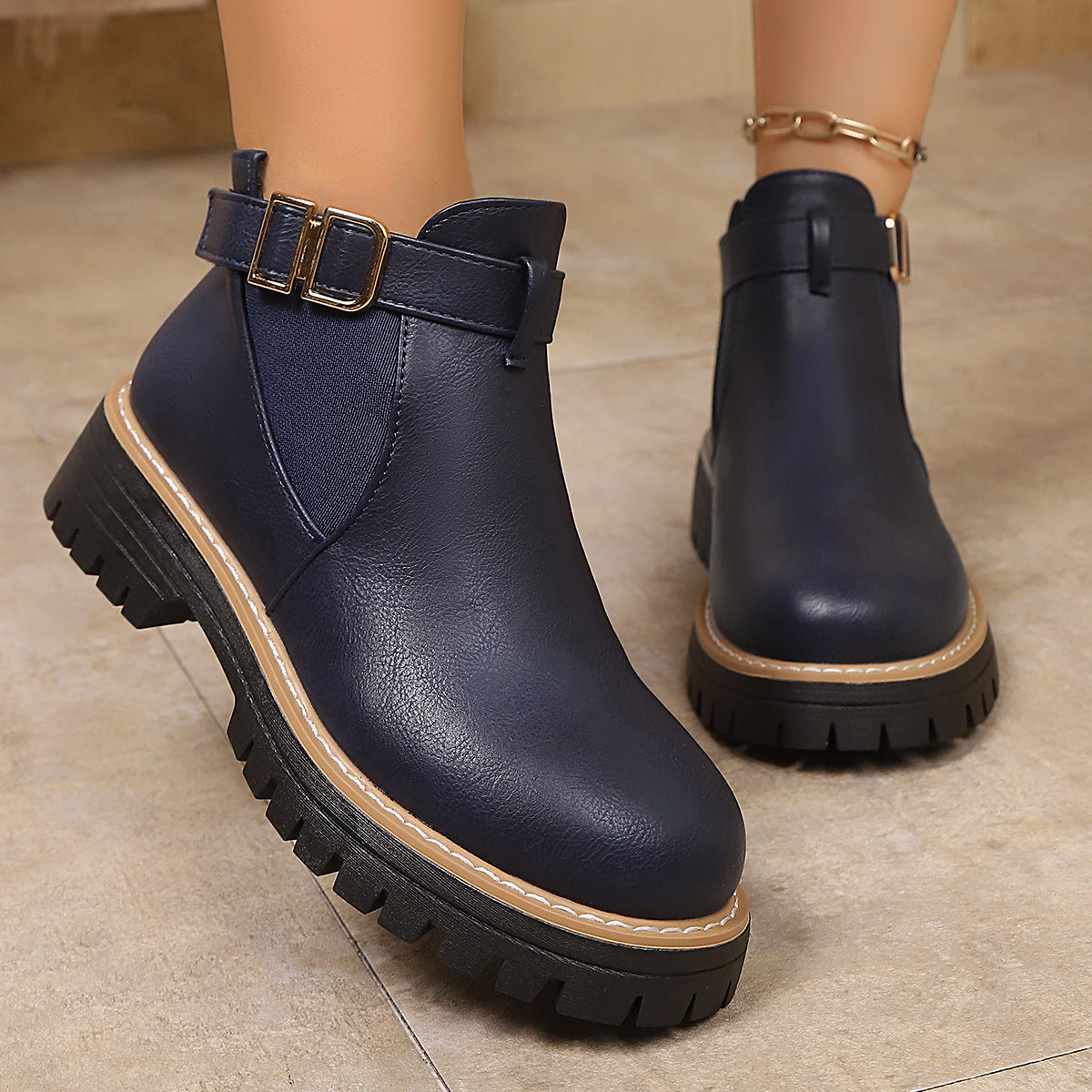 Women's Chelsea Ankle Boots Buckle Strap Elastic-Gore Lug-Sole