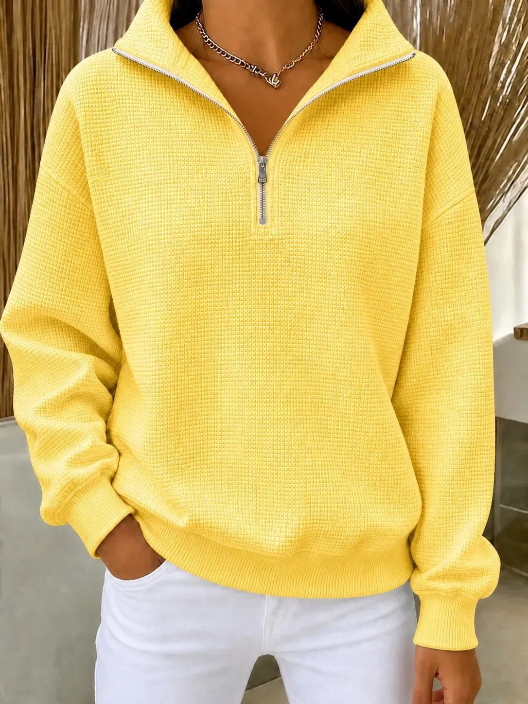 Women's Waffle Quilted Half-Zip Sweatshirt Collared Drop-Shoulder Relaxed Textured