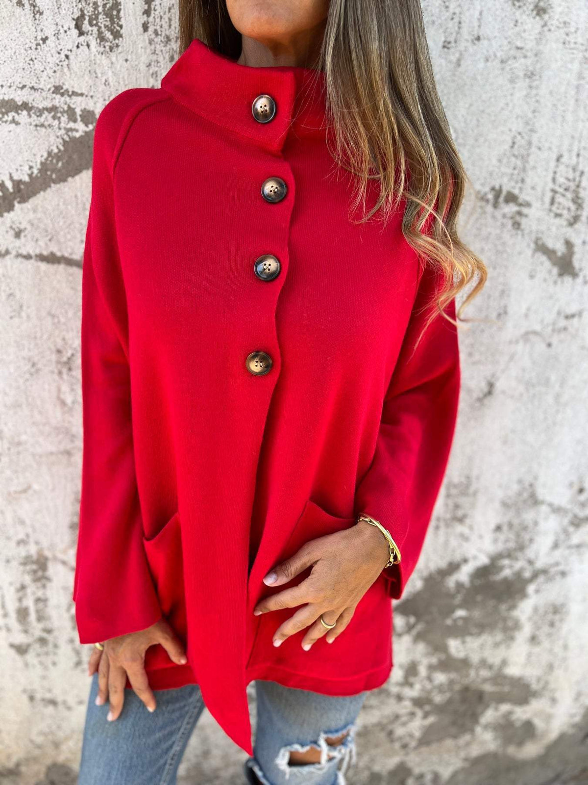 Women's High Neck Button Knit Cardigan Funnel Collar Oversized Relaxed