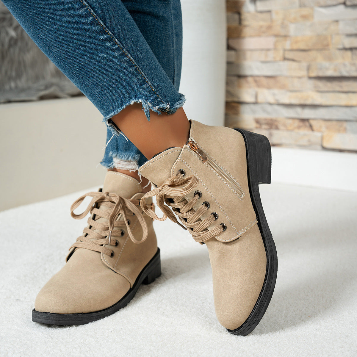 Women's Suede Lace-Up Ankle Boots Heart-Buckle Block-Heel Round-Toe