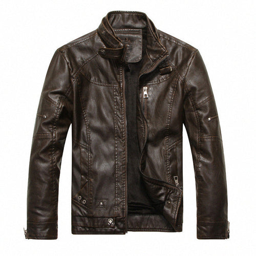 Men's Vintage Faux Leather Jacket Stand Collar Zip-Up Distressed Moto