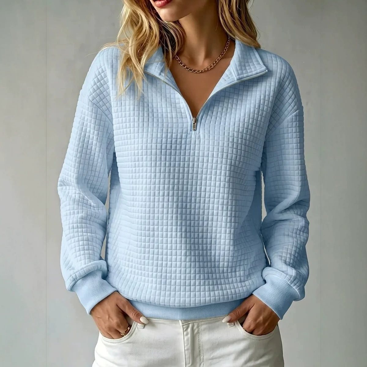 Women's Waffle Quilted Half-Zip Sweatshirt Collared Drop-Shoulder Relaxed Textured