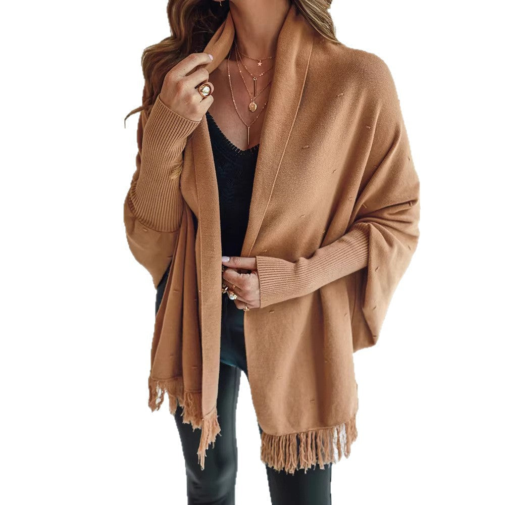 Women's Knit Poncho Cape Fringe Hem Batwing Shawl-Collar Camel