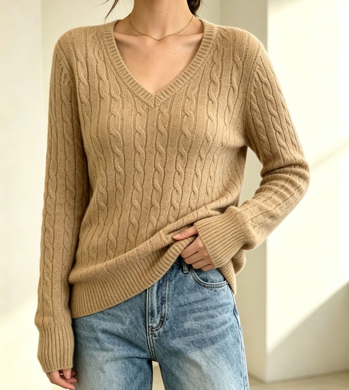 Women's Cable Knit V-Neck Sweater Fine Texture Fitted Ribbed Long-Sleeve