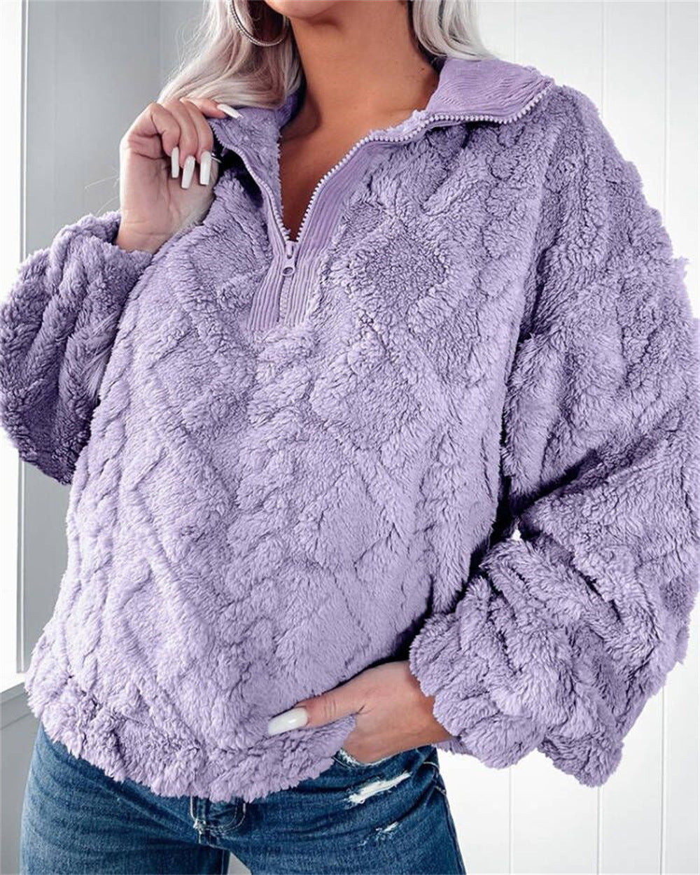 Women's Plush Fleece Half-Zip Pullover Polo Collar Textured Relaxed Cozy Warm