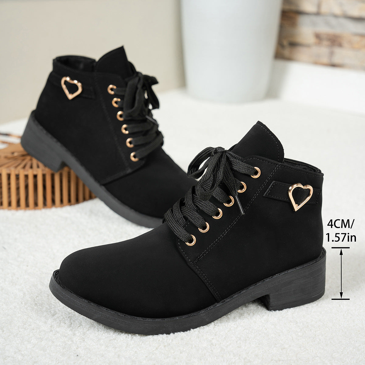 Women's Suede Lace-Up Ankle Boots Heart-Buckle Block-Heel Round-Toe