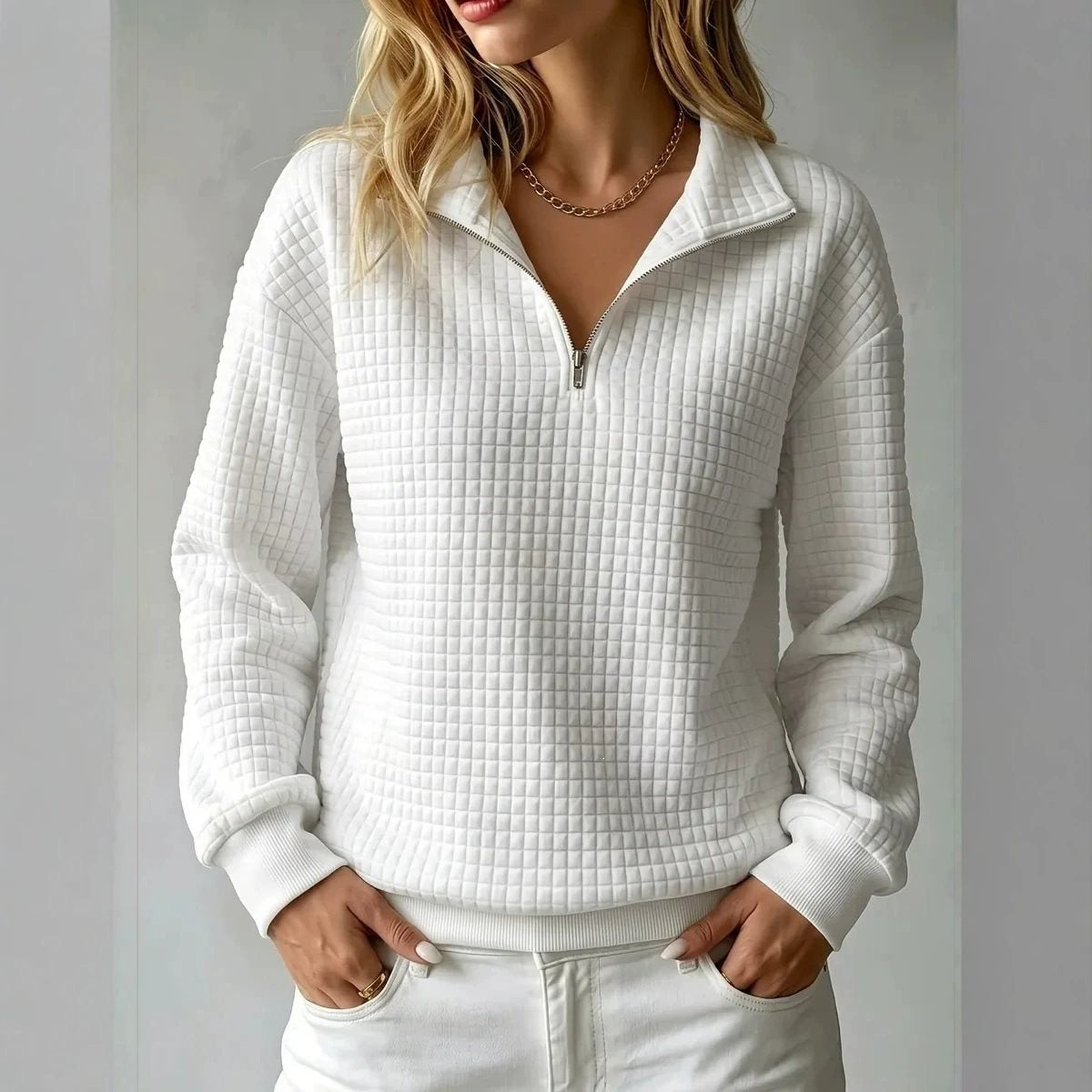 Women's Waffle Quilted Half-Zip Sweatshirt Collared Drop-Shoulder Relaxed Textured