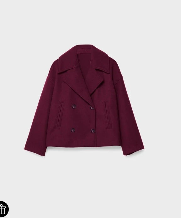 Women's Short Double-Breasted Wool Blend Peacoat with Oversized Lapels and Boxy Silhouette