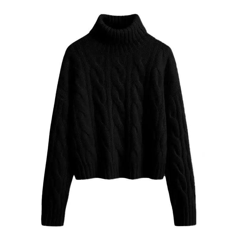Women's Cropped Cable Knit Turtleneck Sweater Chunky Textured Relaxed