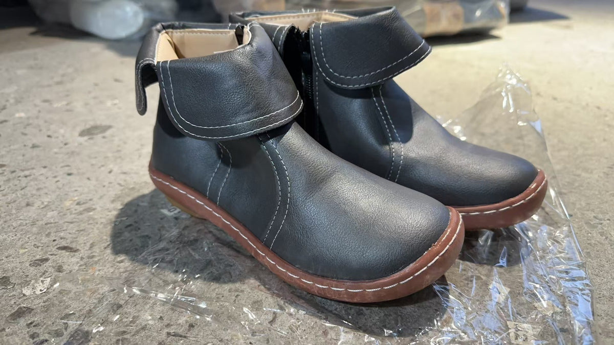Women's Soft Leather Ankle Booties Foldover Strap Side Zip Flat