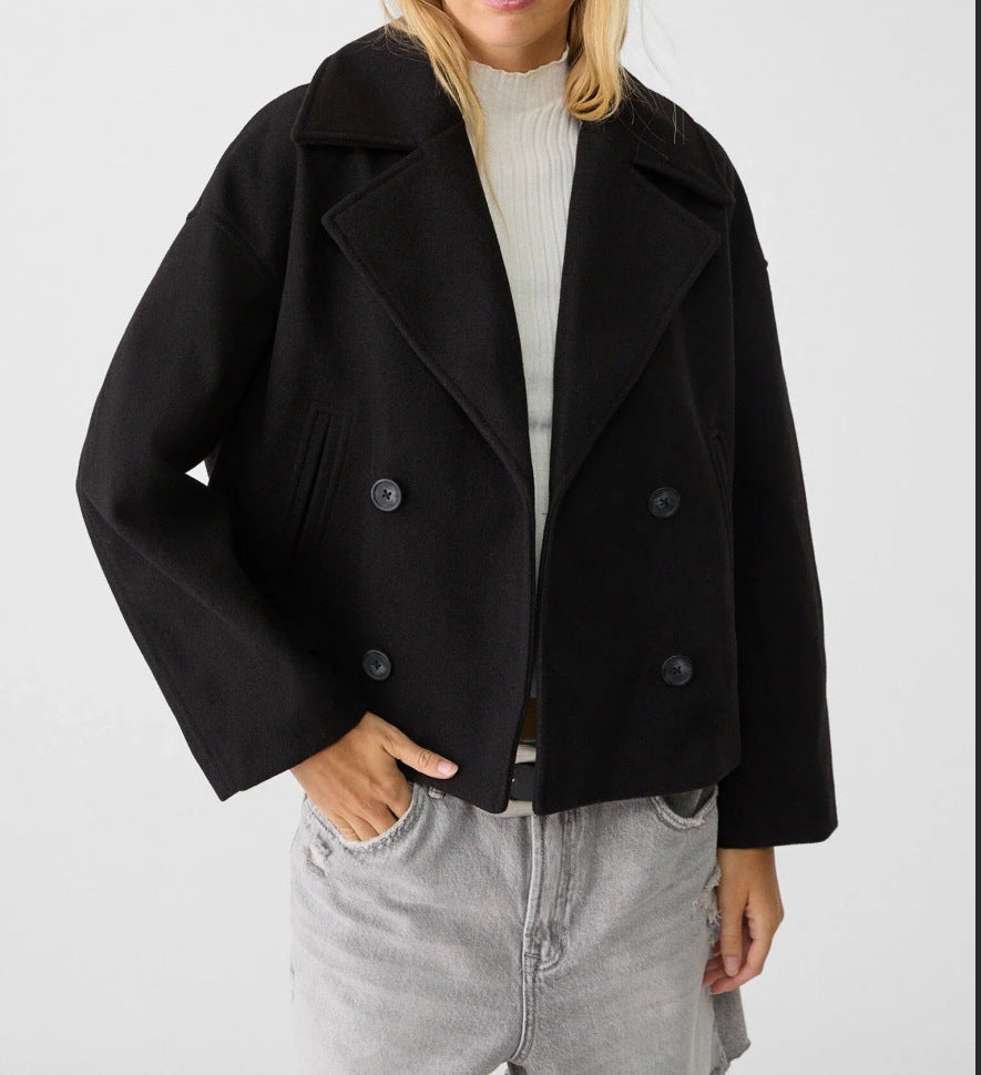 Women's Short Double-Breasted Wool Blend Peacoat with Oversized Lapels and Boxy Silhouette