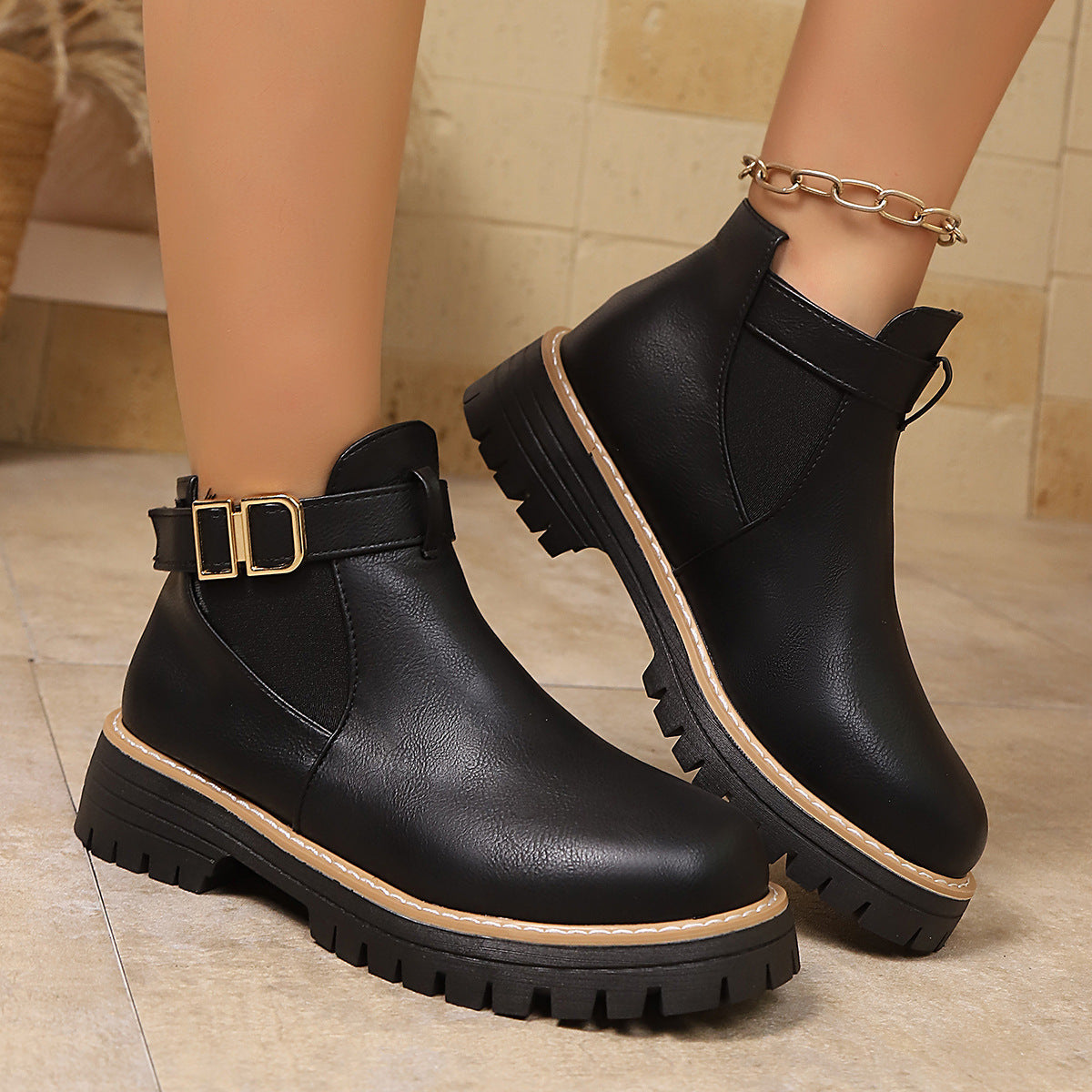 Women's Chelsea Ankle Boots Buckle Strap Elastic-Gore Lug-Sole