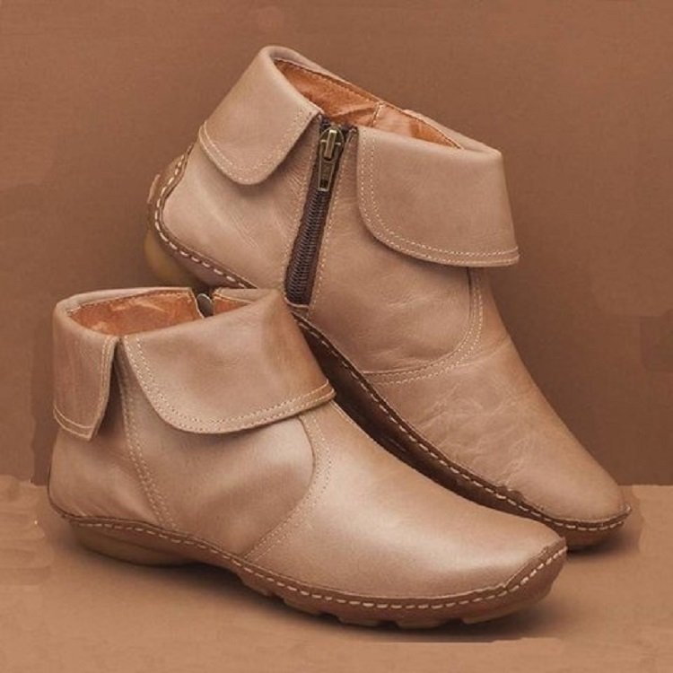 Women's Soft Leather Ankle Booties Foldover Strap Side Zip Flat