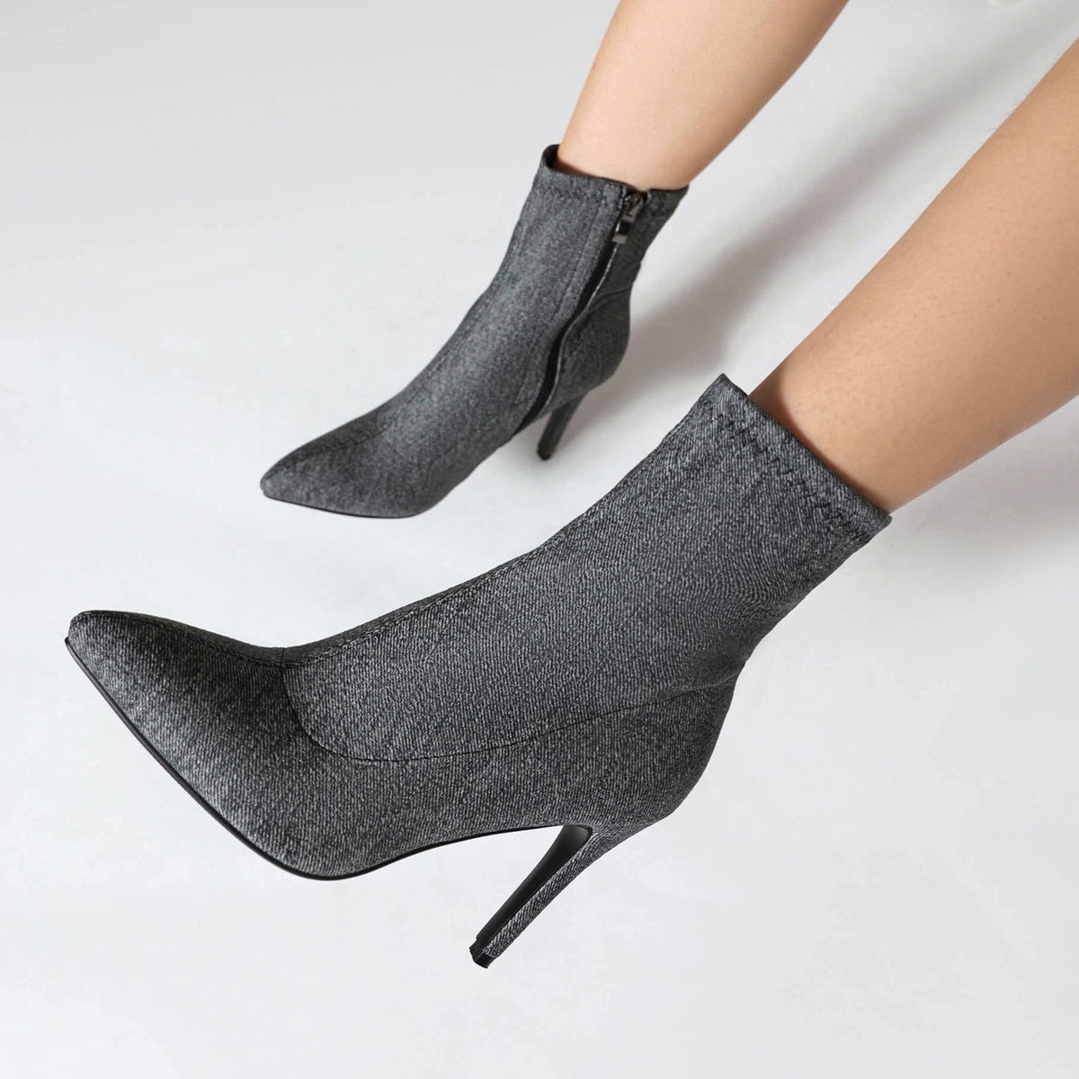 Women's Denim Pointed Toe Stiletto Booties Side Zip High Heel