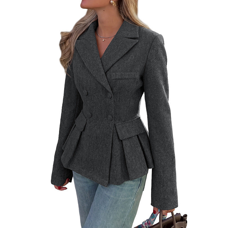 Women's Peplum Blazer Double-Breasted Notch Lapel Fitted Tailored Gray
