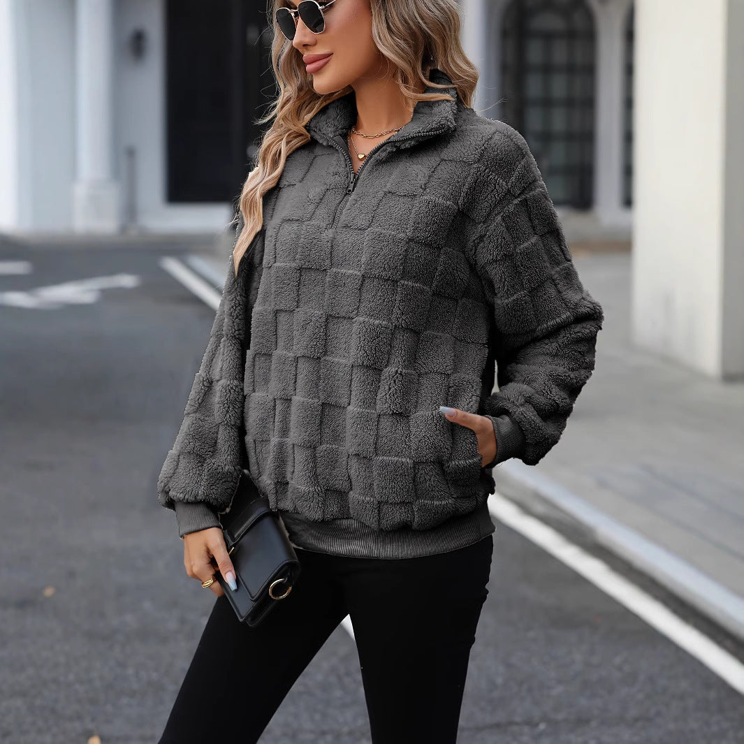 Women's Grey Plush Fleece Quarter-Zip Pullover Checkerboard Textured Stand Collar