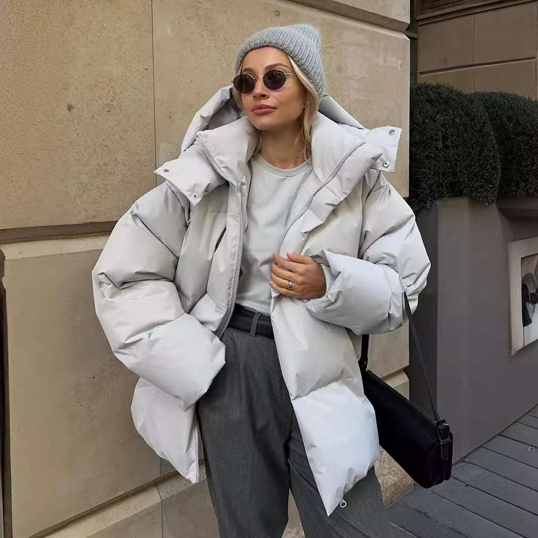 Women's Oversized Hooded Puffer Jacket Stand Collar Full-Zip Chunky