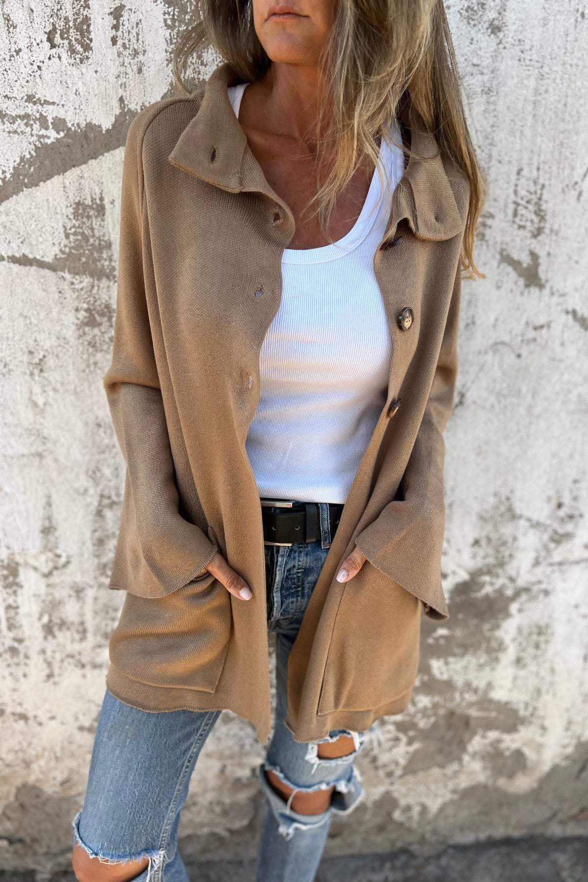 Women's High Neck Button Knit Cardigan Funnel Collar Oversized Relaxed