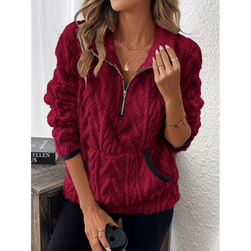 Women's Sherpa Fleece Quarter-Zip Pullover Textured Stand Collar Kangaroo-Pocket