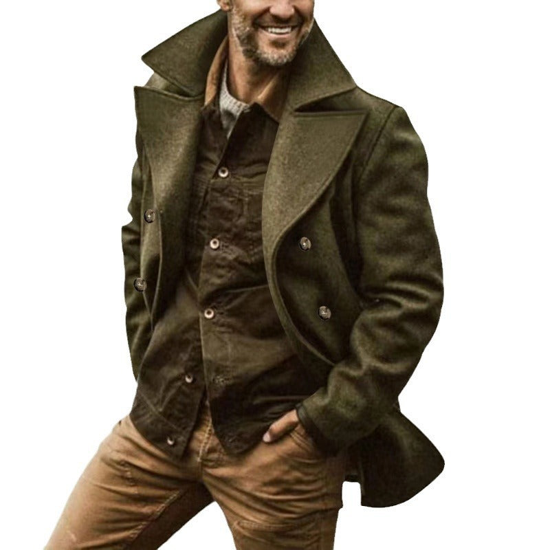 Men's Wool Blend Peacoat Double-Breasted Wide Lapel Mid-Length Tailored