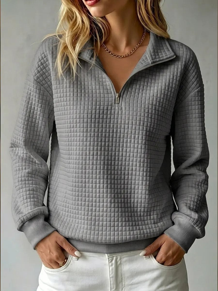 Women's Waffle Quilted Half-Zip Sweatshirt Collared Drop-Shoulder Relaxed Textured