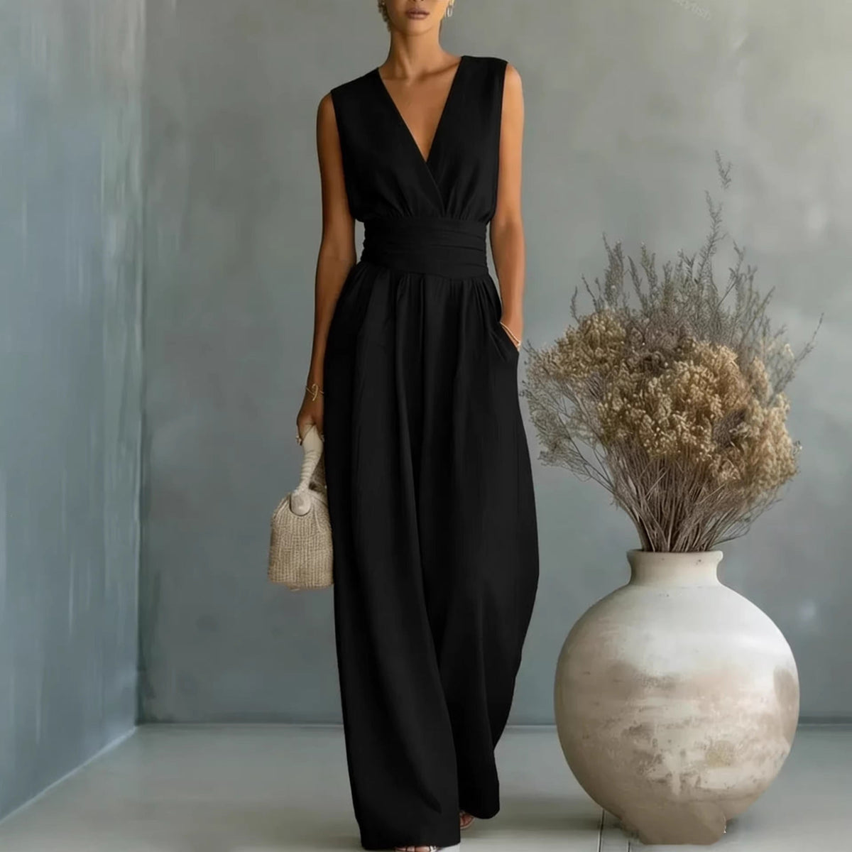 Women's Wide Leg Jumpsuit Sleeveless V-Neck Twist-Front Wrap Flowy Elegant