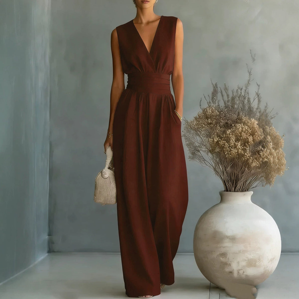 Women's Wide Leg Jumpsuit Sleeveless V-Neck Twist-Front Wrap Flowy Elegant