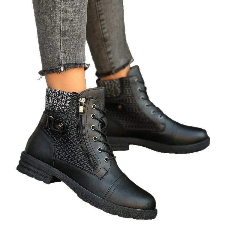 Women's Leather Lace-Up Ankle Boots Knit Shaft Side-Zip Lug Combat