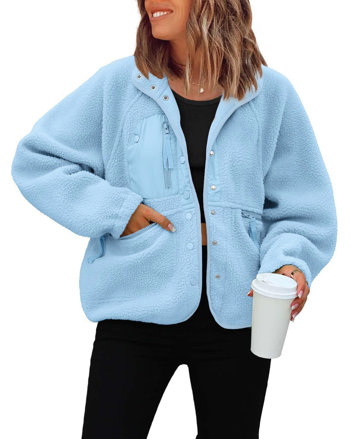 Women's Sherpa Fleece Jacket Snap-Button Zip-Pocket Stand-Collar Relaxed