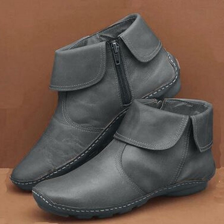 Women's Soft Leather Ankle Booties Foldover Strap Side Zip Flat