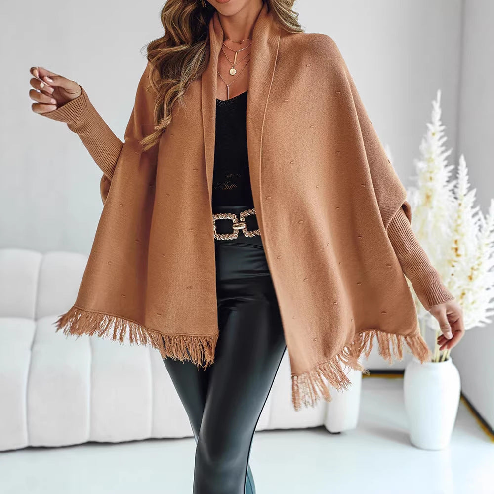 Women's Knit Poncho Cape Fringe Hem Batwing Shawl-Collar Camel