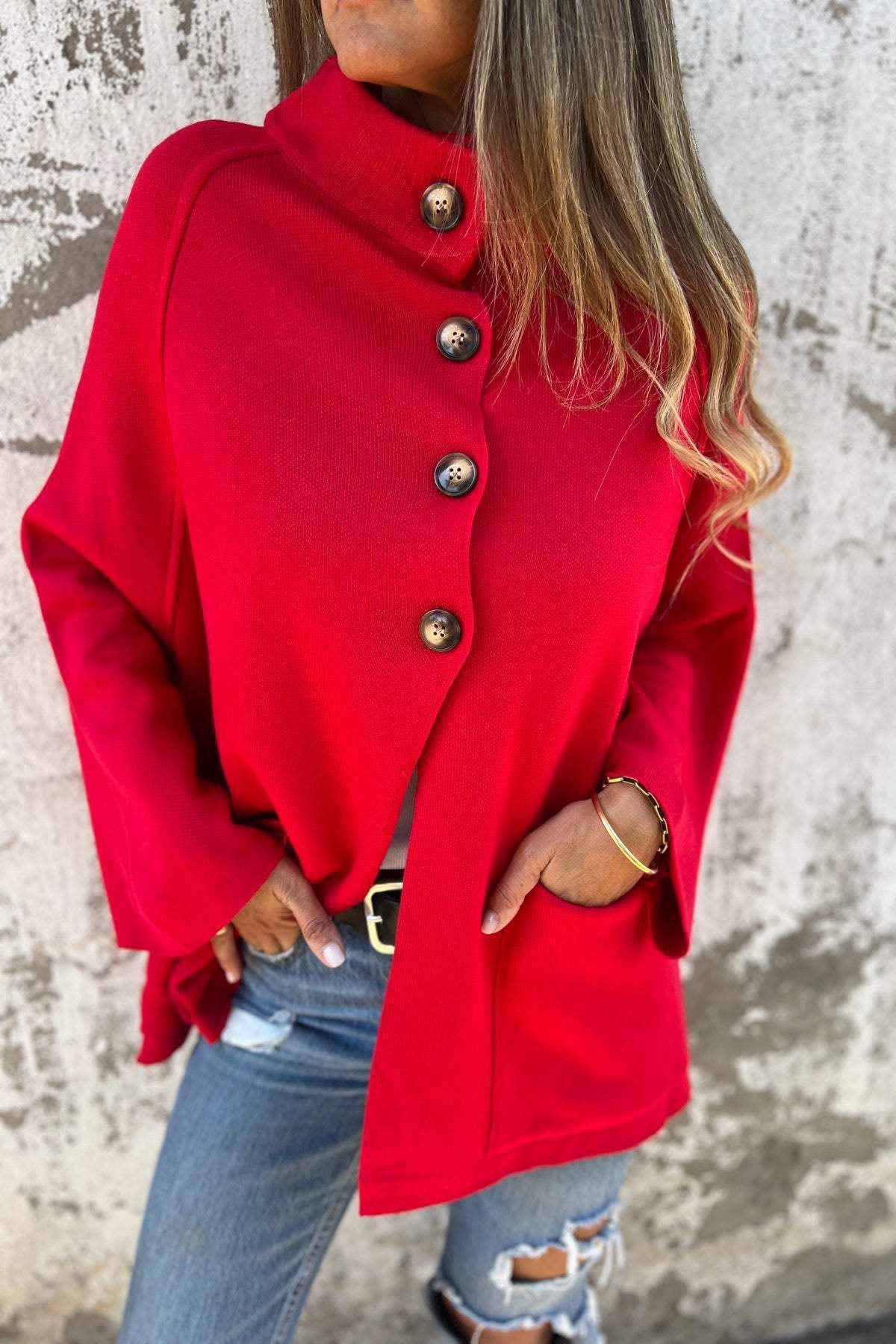 Women's High Neck Button Knit Cardigan Funnel Collar Oversized Relaxed
