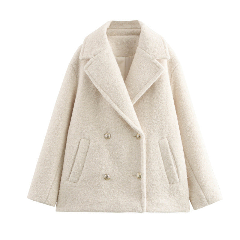 Women's Short Double-Breasted Wool Peacoat Notch Lapel Boxy Classic