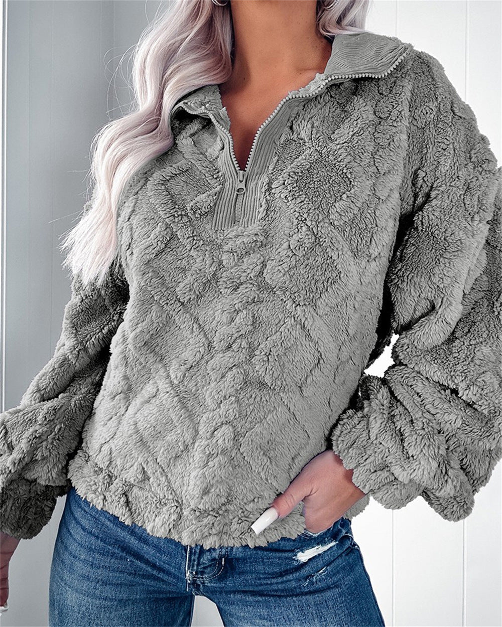 Women's Plush Fleece Half-Zip Pullover Polo Collar Textured Relaxed Cozy Warm