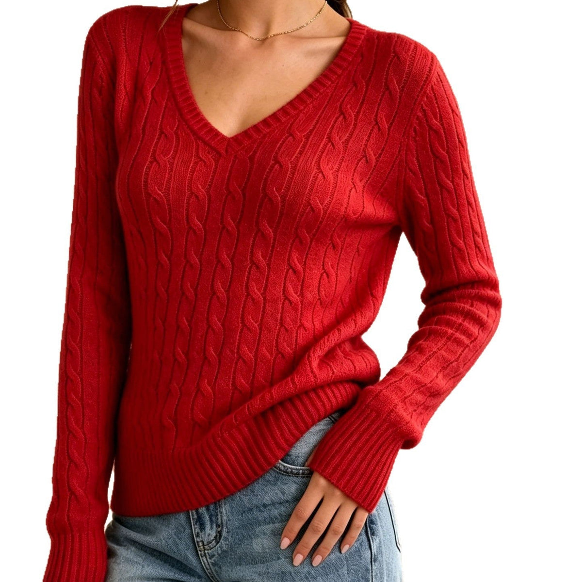 Women's Cable Knit V-Neck Sweater Fine Texture Fitted Ribbed Long-Sleeve