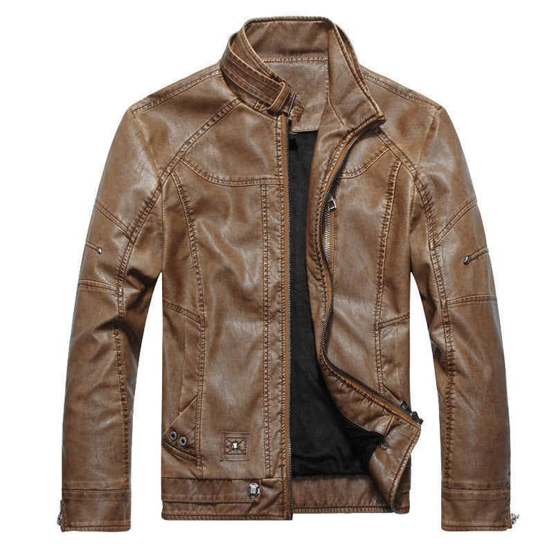 Men's Vintage Faux Leather Jacket Stand Collar Zip-Up Distressed Moto