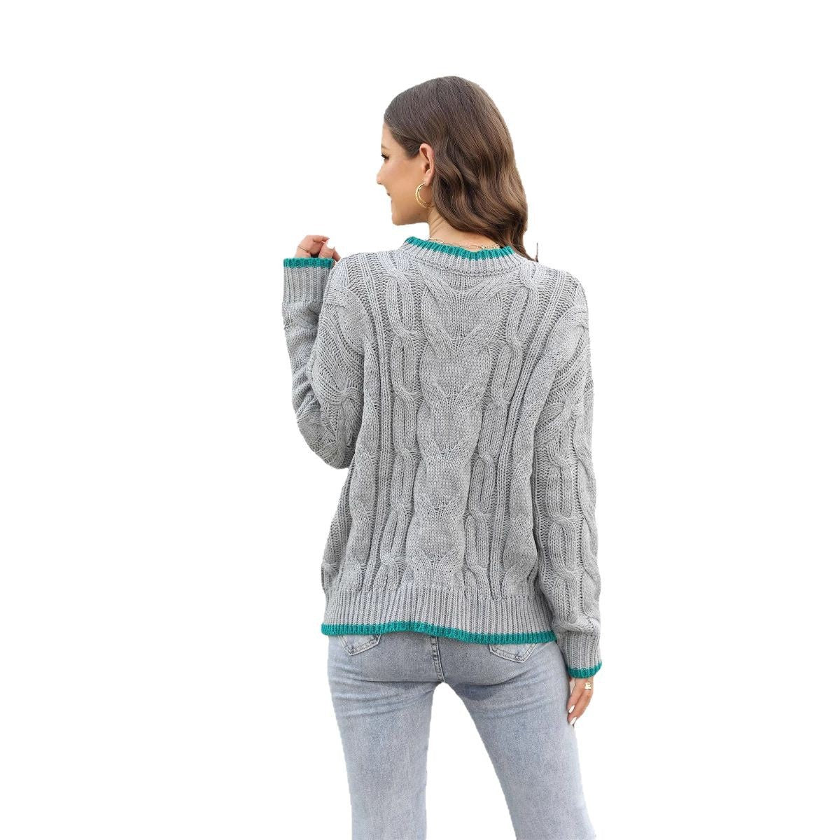 Women's Chunky Cable Knit Sweater Crewneck Contrast-Tip Oversized Relaxed Pullover