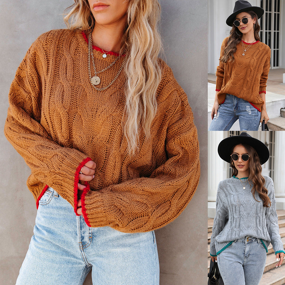 Women's Chunky Cable Knit Sweater Crewneck Contrast-Tip Oversized Relaxed Pullover