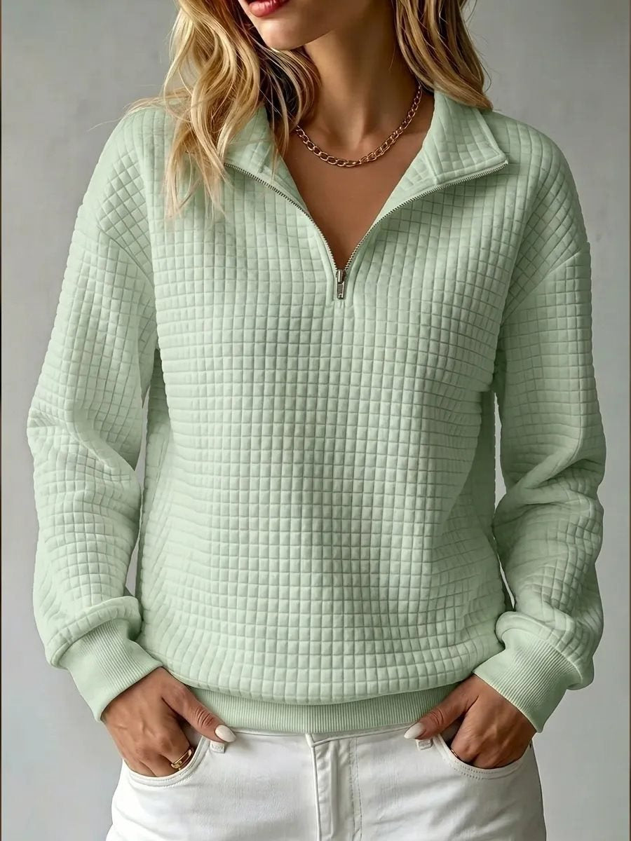 Women's Waffle Quilted Half-Zip Sweatshirt Collared Drop-Shoulder Relaxed Textured