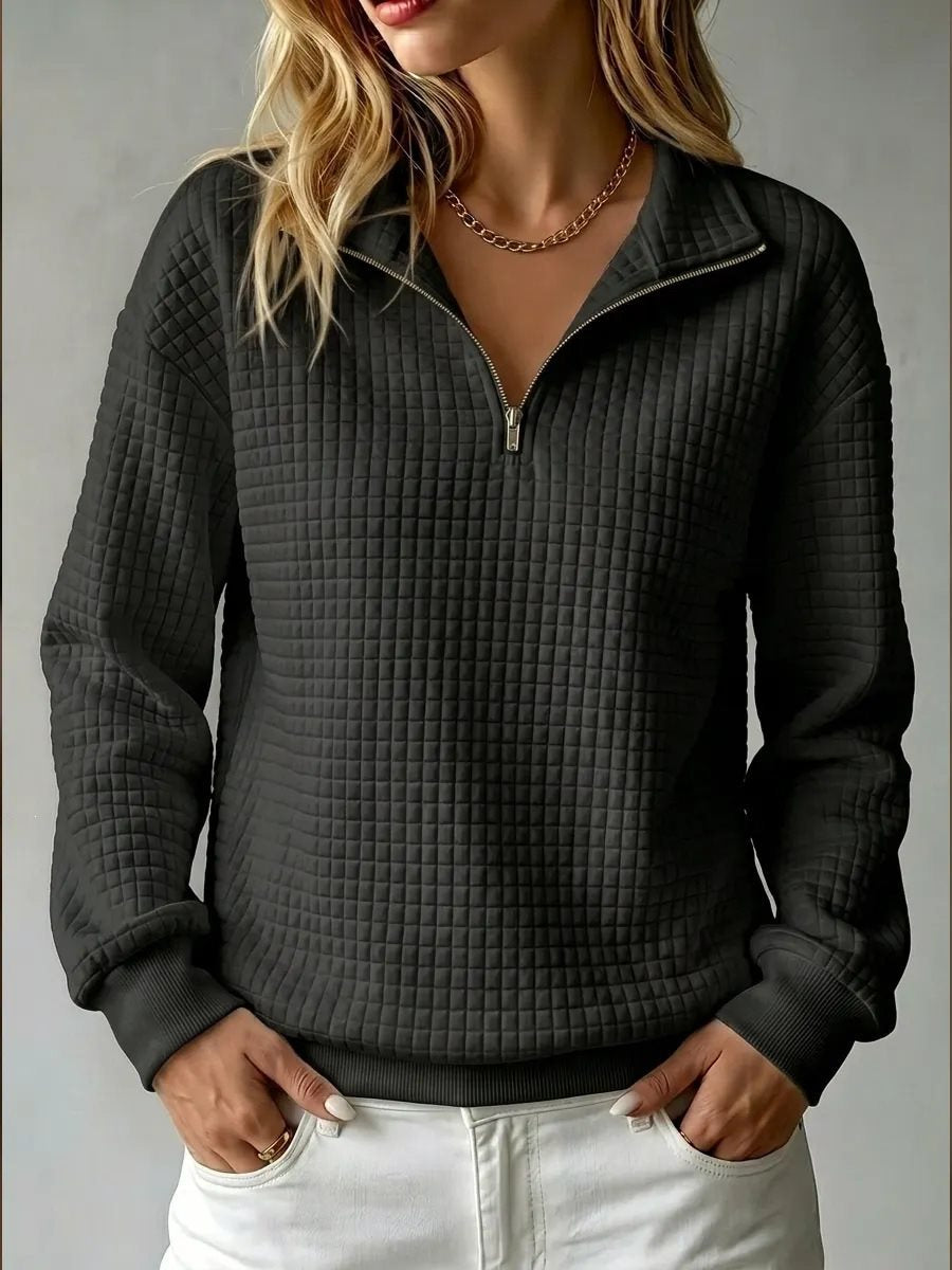 Women's Waffle Quilted Half-Zip Sweatshirt Collared Drop-Shoulder Relaxed Textured