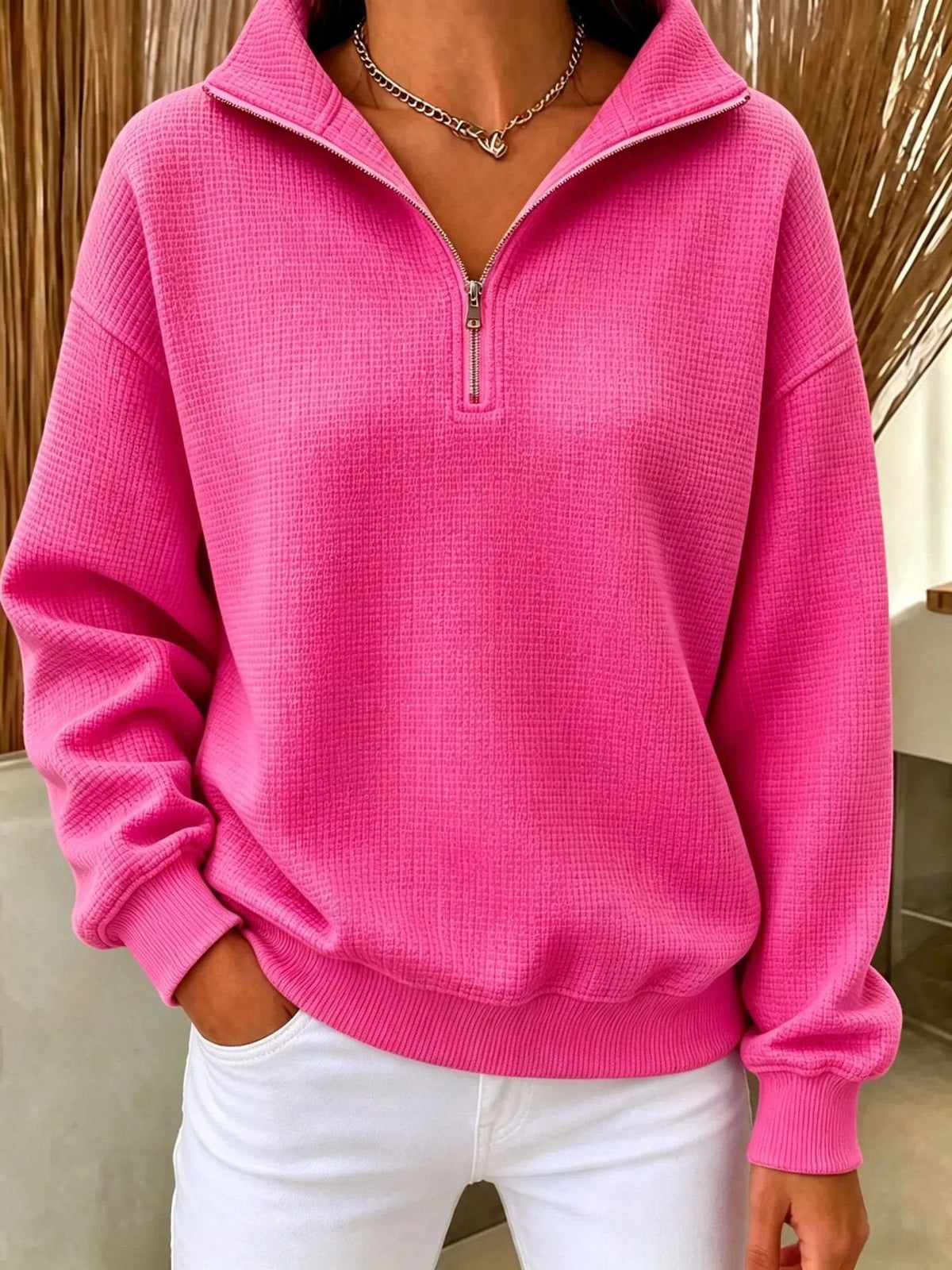 Women's Waffle Quilted Half-Zip Sweatshirt Collared Drop-Shoulder Relaxed Textured