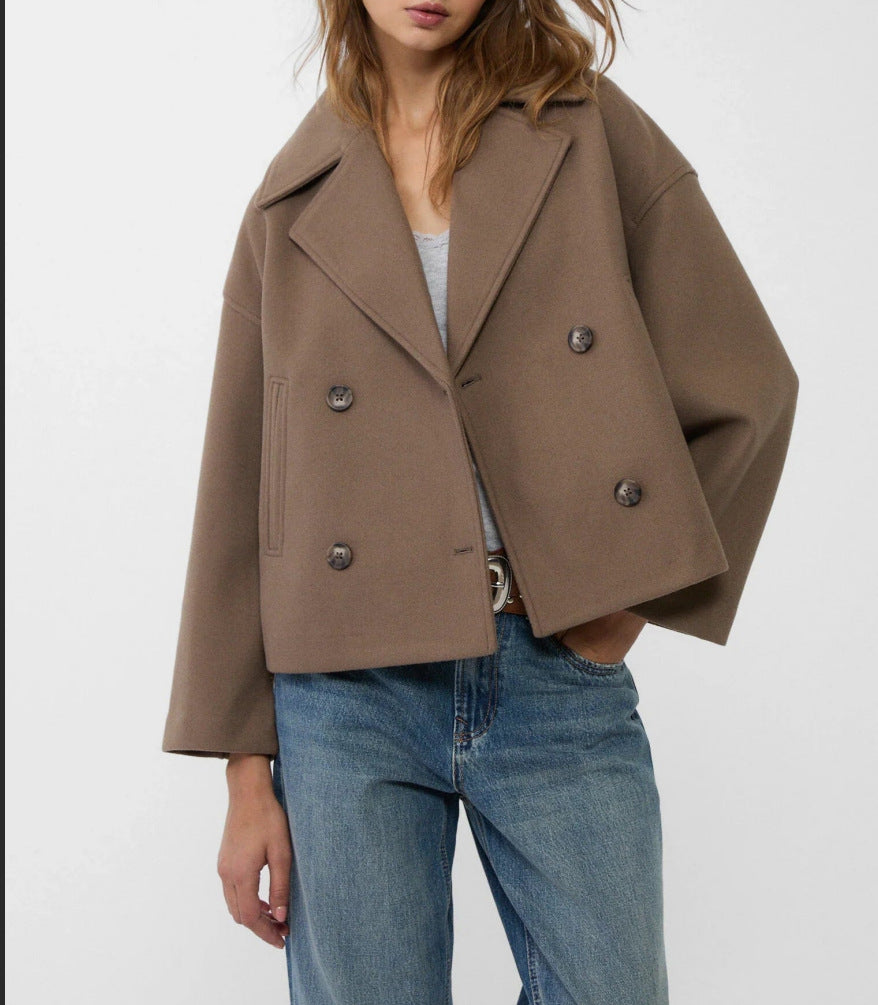 Women's Short Double-Breasted Wool Blend Peacoat with Oversized Lapels and Boxy Silhouette