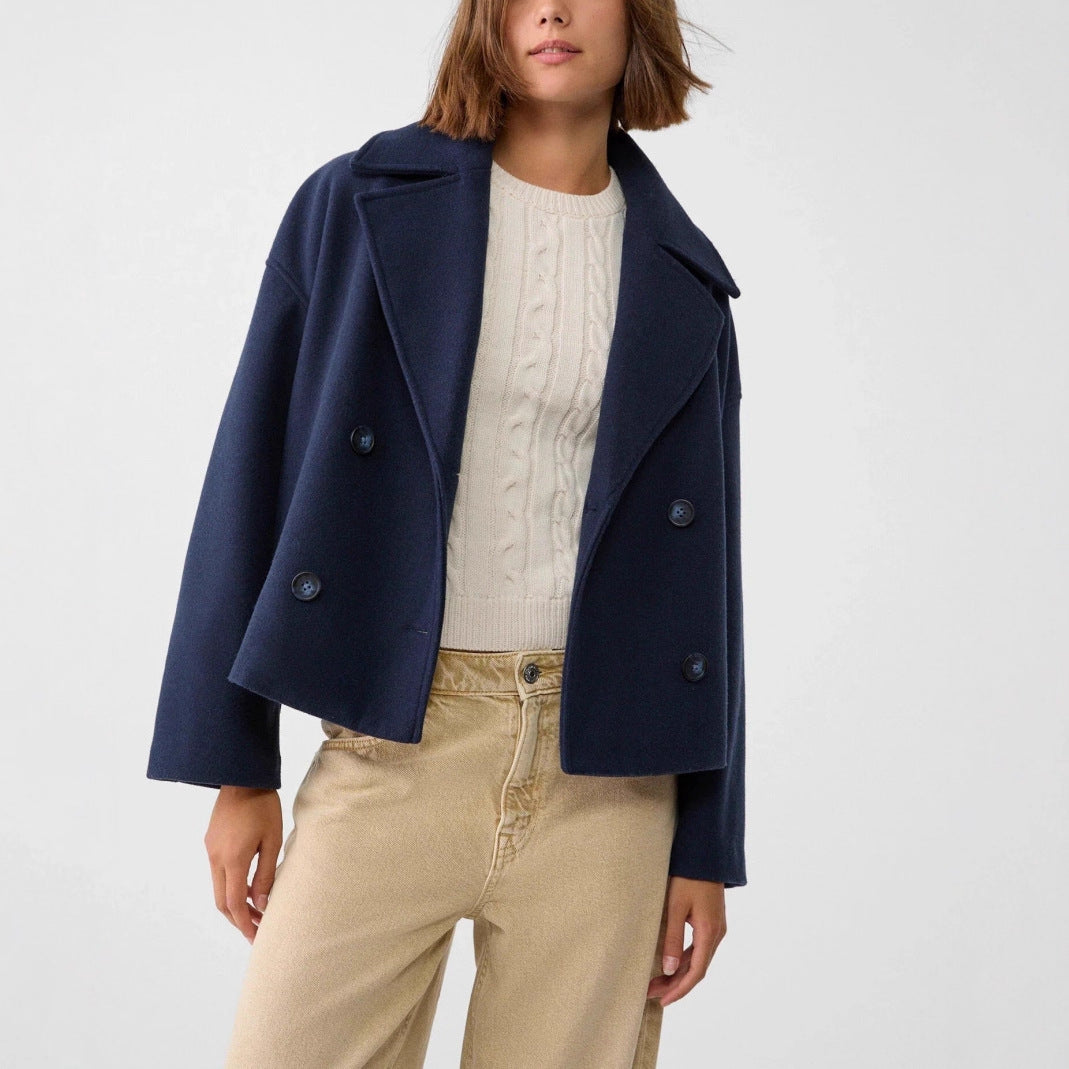 Women's Short Double-Breasted Wool Blend Peacoat with Oversized Lapels and Boxy Silhouette