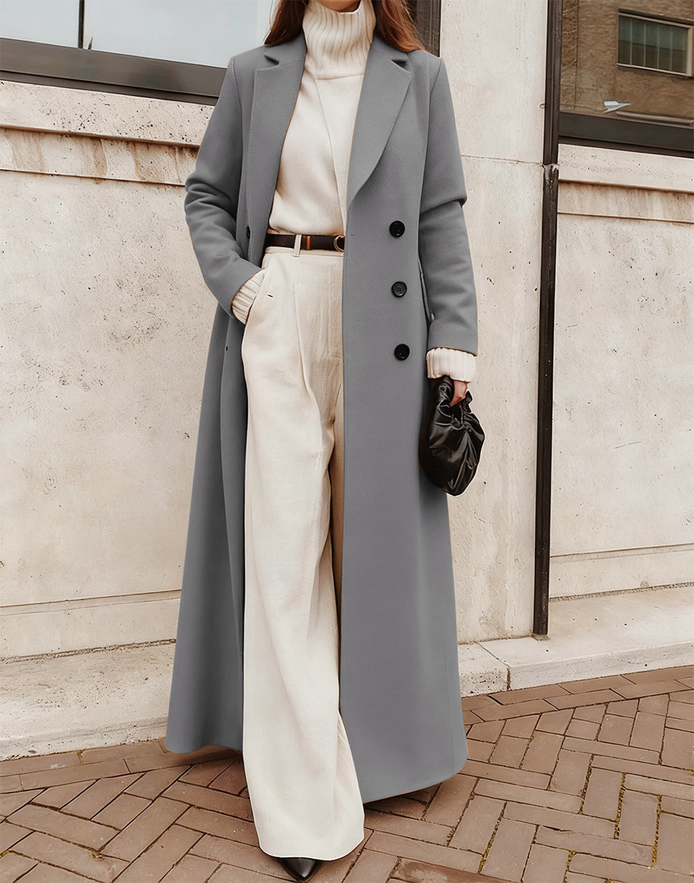 Women's Double-Breasted Wool Coat Notch Lapel Maxi Tailored Longline