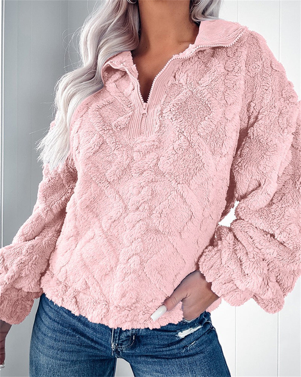 Women's Plush Fleece Half-Zip Pullover Polo Collar Textured Relaxed Cozy Warm