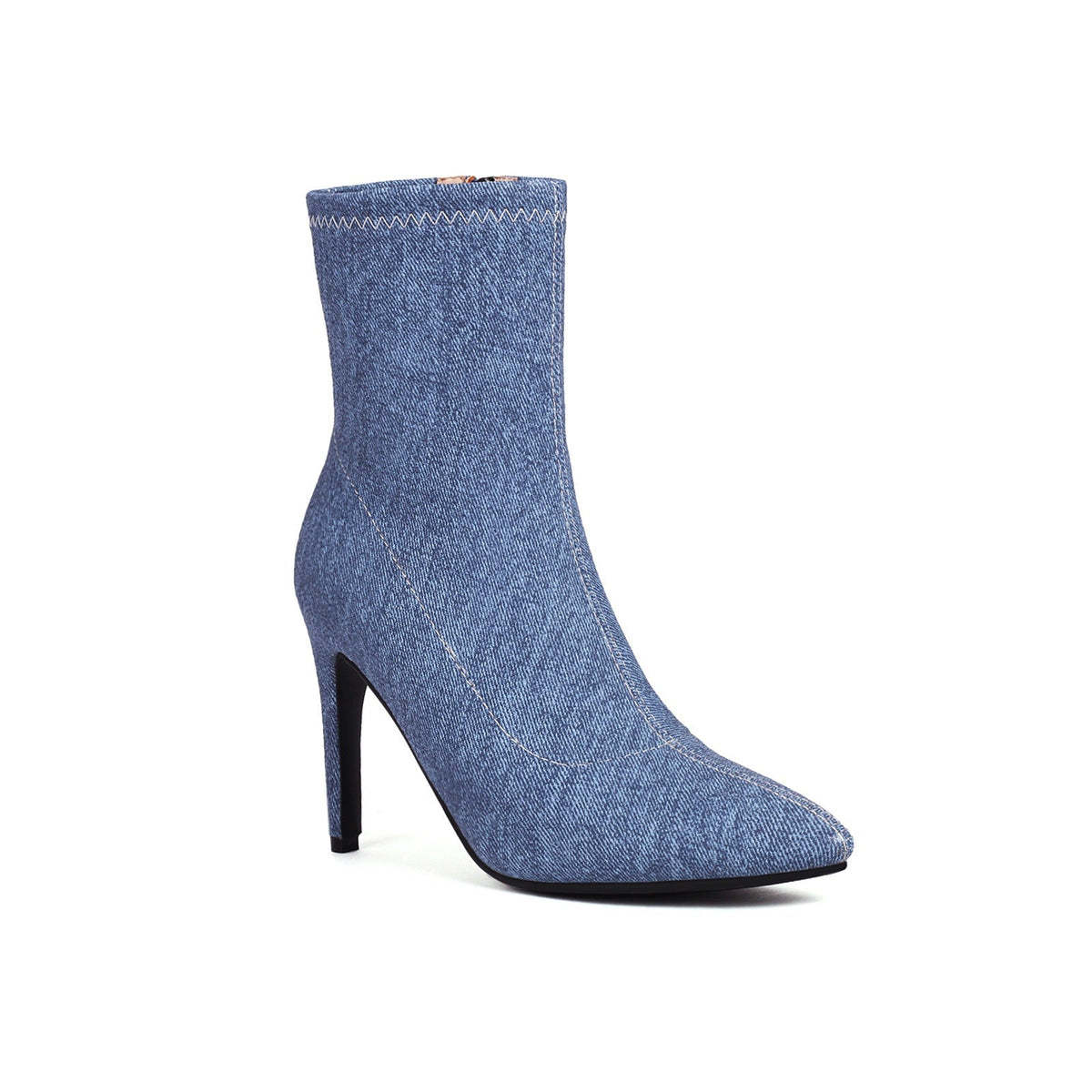 Women's Denim Pointed Toe Stiletto Booties Side Zip High Heel